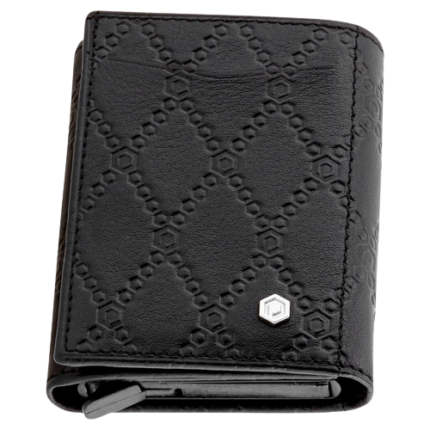PICASSO AND CO LEATHER BLACK CARD HOLDER AND STAINLESS STEEL SLIDE UP SYSTEM