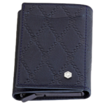 Calf leather blue card holder and stainless steel box Picasso and Co. So This card holder features: 1 cash compartment, 4 credit card slots, 6 inside the stainless steel box in addition to a slide-up system.