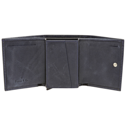 Calf leather blue card holder and stainless steel box Picasso and Co. So This card holder features: 1 cash compartment, 4 credit card slots, 6 inside the stainless steel box in addition to a slide-up system.
